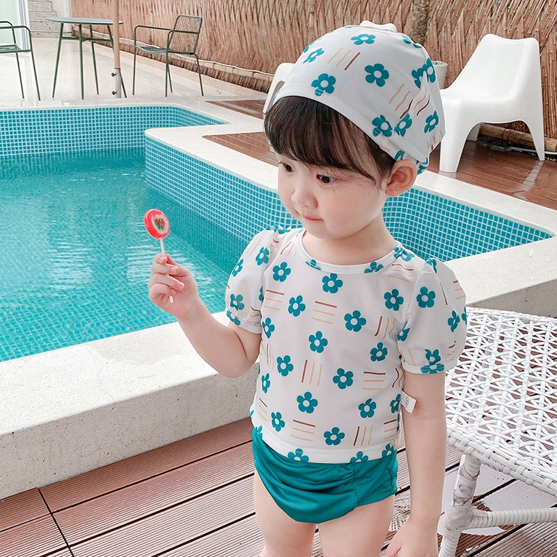 Bộ Đồ Bơi 3 Mảnh Họa Tiết Hoa Dễ Thương Cho Bé Gái