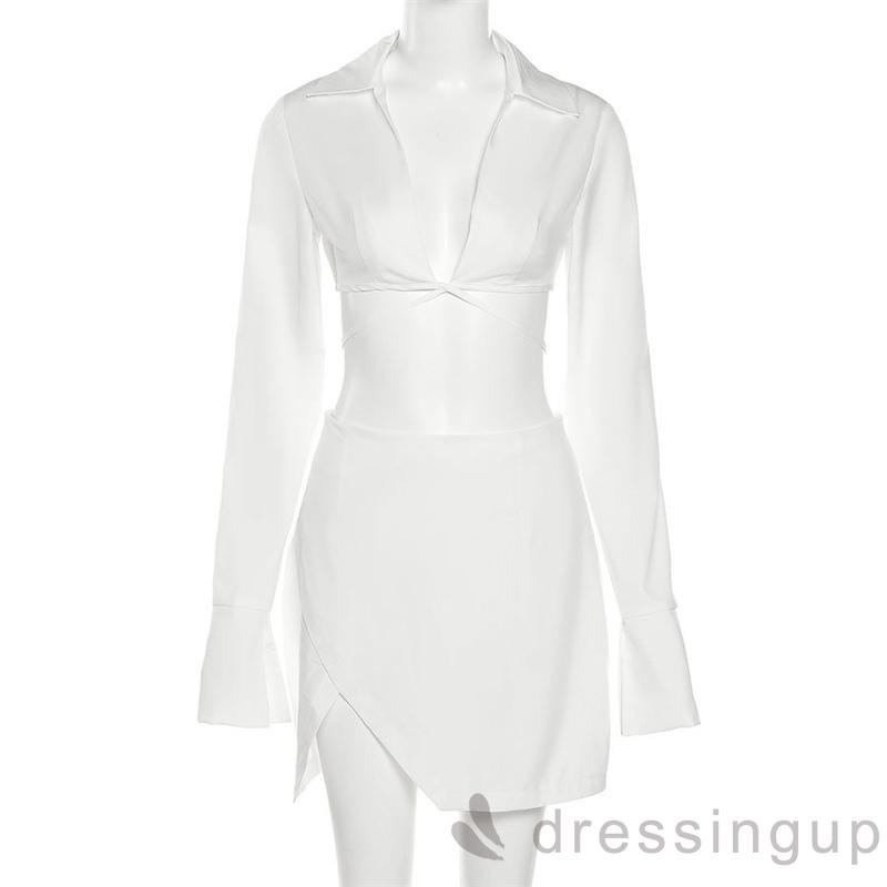 Set áo tay dài màu trơn thắt dây + chân váy ngắn xẻ tà thời trang quyến rũ cho nữ