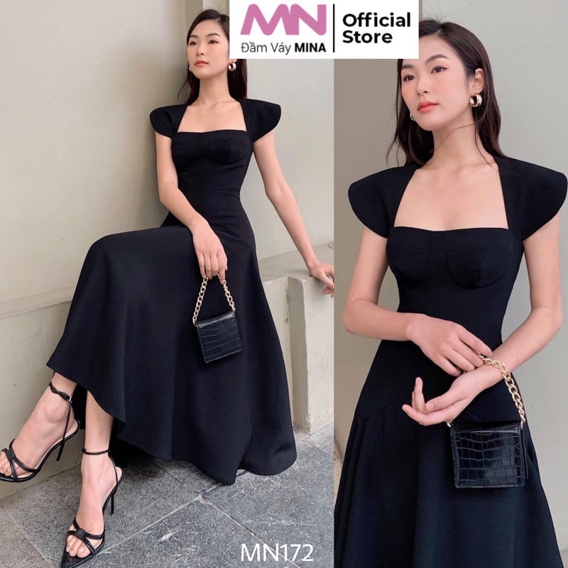 Đầm đen dự tiệc tuyết mưa dáng xoè cổ thuyền ngắn tay sang trọng dạ hội hẹn hò - MN172 - Đầm Váy Mina