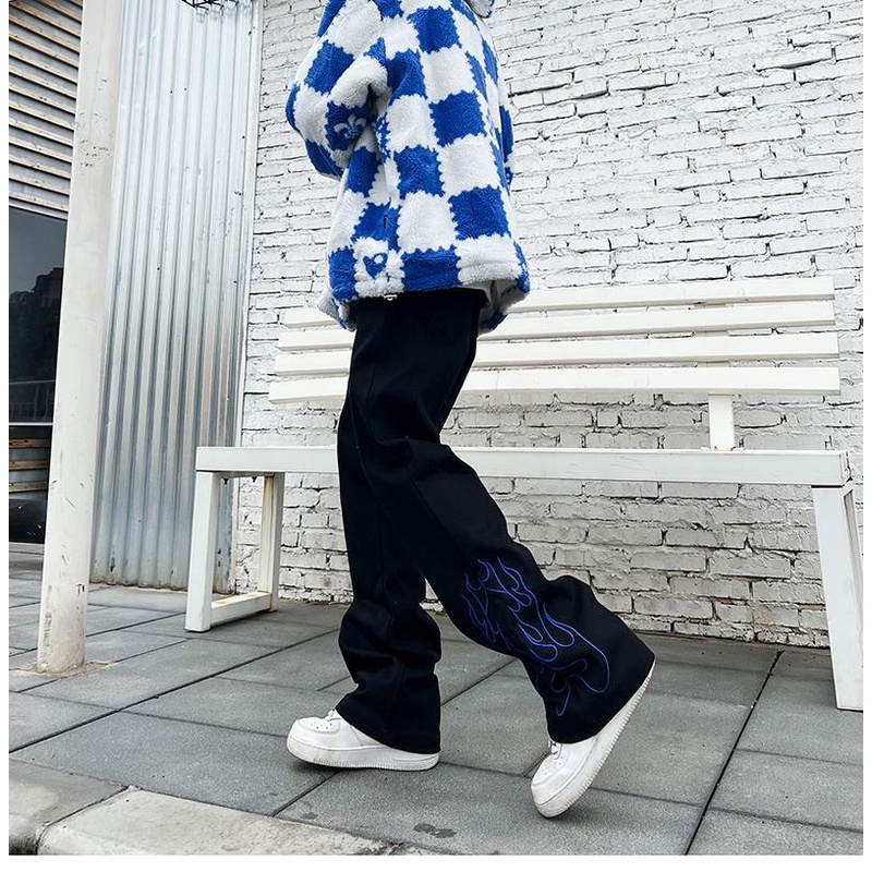 Quần jean dài thêu ngọn lửa phong cách hip hop cho nam