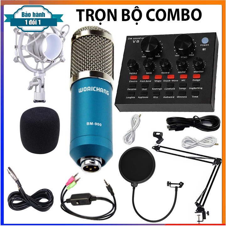 Combo Bộ mic thu âm BM900,SoundCard V8, dây livestream, giá đỡ và màn lọc âm