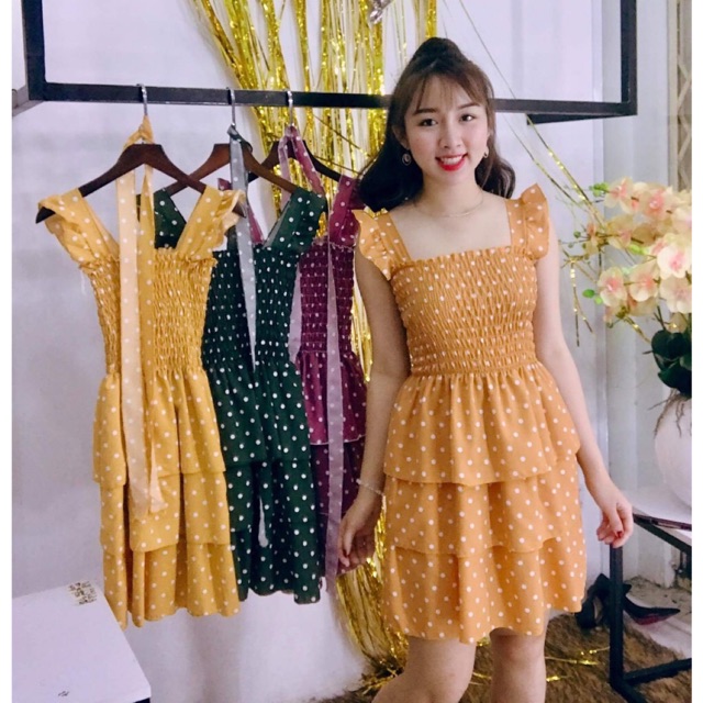Đầm xoè bi 3 tầng đen/ vàng/rêu/cam/hồng  MH