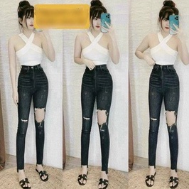 Quần jean dài rách ô vuông gối 1 bên cực hot , chất jean co giãn thoải mái ( ảnh thật )