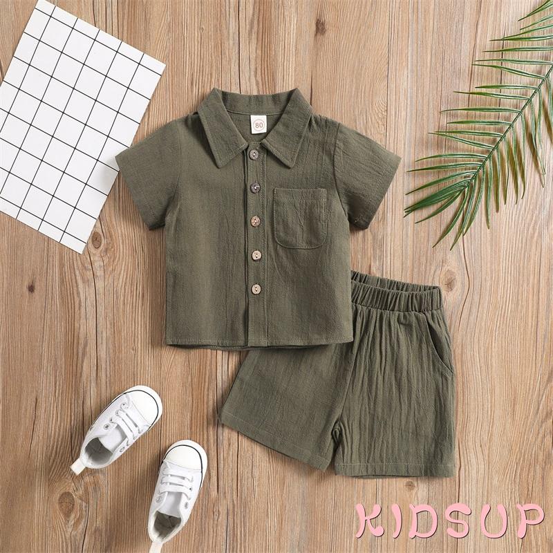 Set Đồ 2 Món Gồm Áo Tay Ngắn Cổ Bẻ Màu Trơn + Quần Short Cho Bé Trai
