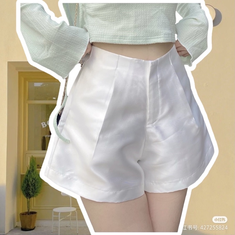 Quần short nữ lưng cao vải tafta phồng tôn dáng màu trắng