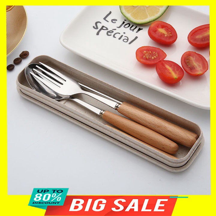 [ Flash Sale ] Bộ đũa, thìa, dĩa inox cán gỗ hộp đựng bằng lúa mạch