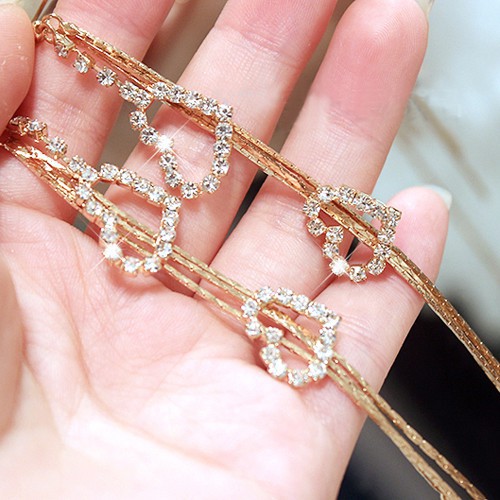 Đôi khuyên tai dáng dài hình trái tim đính đá phối tua rua kim loại thời trang cho nữ