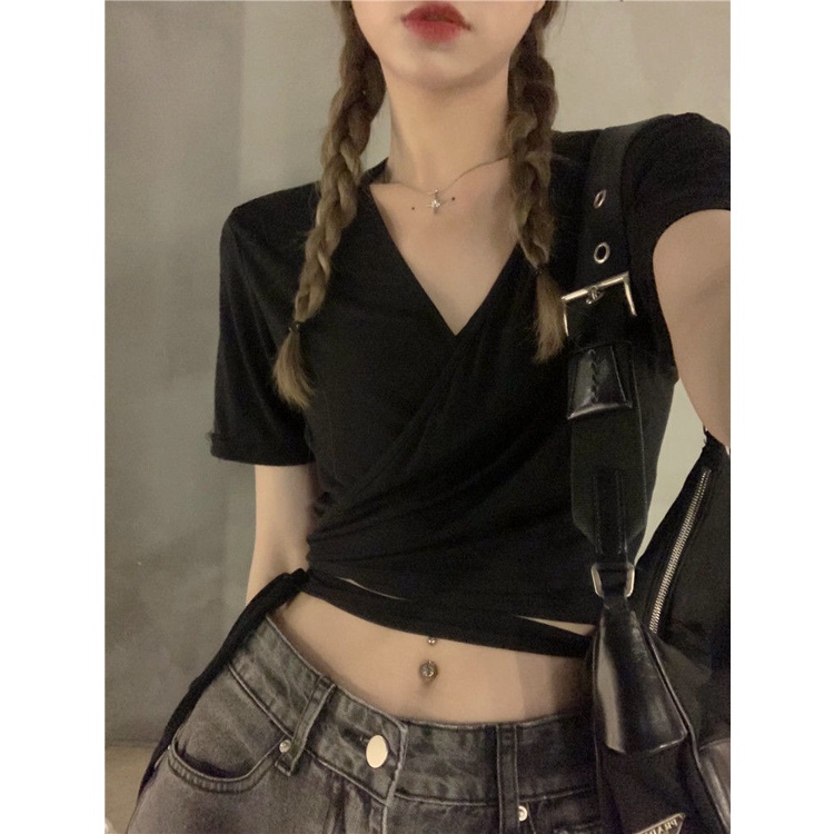 Áo Thun Tay Ngắn Cổ Chữ V Cột Dây Họa Tiết Kẻ Sọc Ca Rô Phong Cách Hàn Quốc Thời Trang Mùa Hè Dành Cho Nữ 2022