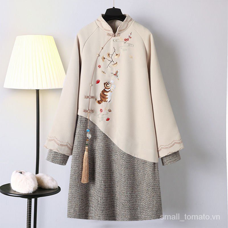Women's Dress Chinese Style Autumn and Winter Han Chinese Clothing Cheongsam Improved Embroidery Tang Suit2020New Hooded Sweater Dress Female
