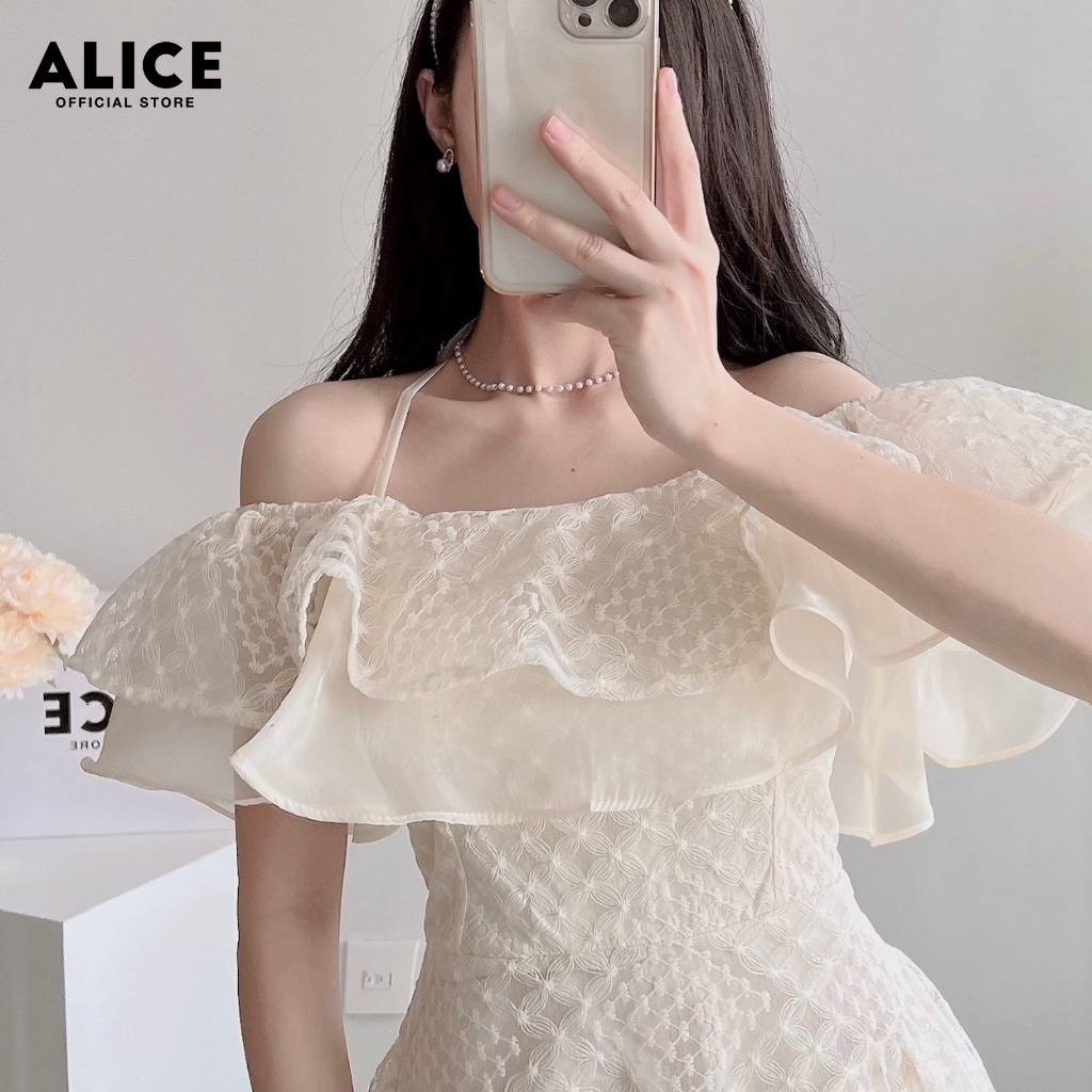 Váy Tiểu Thư Trễ Vai Cổ Yếm ALICE Chất Vải Ren Cao Cấp Phối Tơ Nến Lót Lụa Dáng Chữ A Họa Tiết Độc Đáo V791