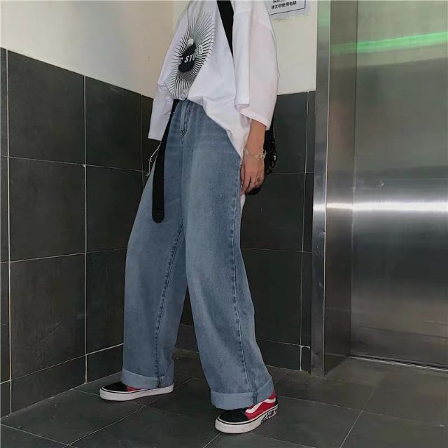 Quần bò Jean ống rộng oversize hip hop Ulzzang màu nhạt có đường vân siêu chất 😍