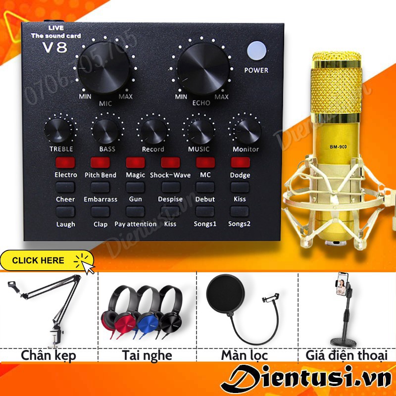 Combo Micro BM900 + Sound Card V8 Thu âm hát live stream giá rẻ