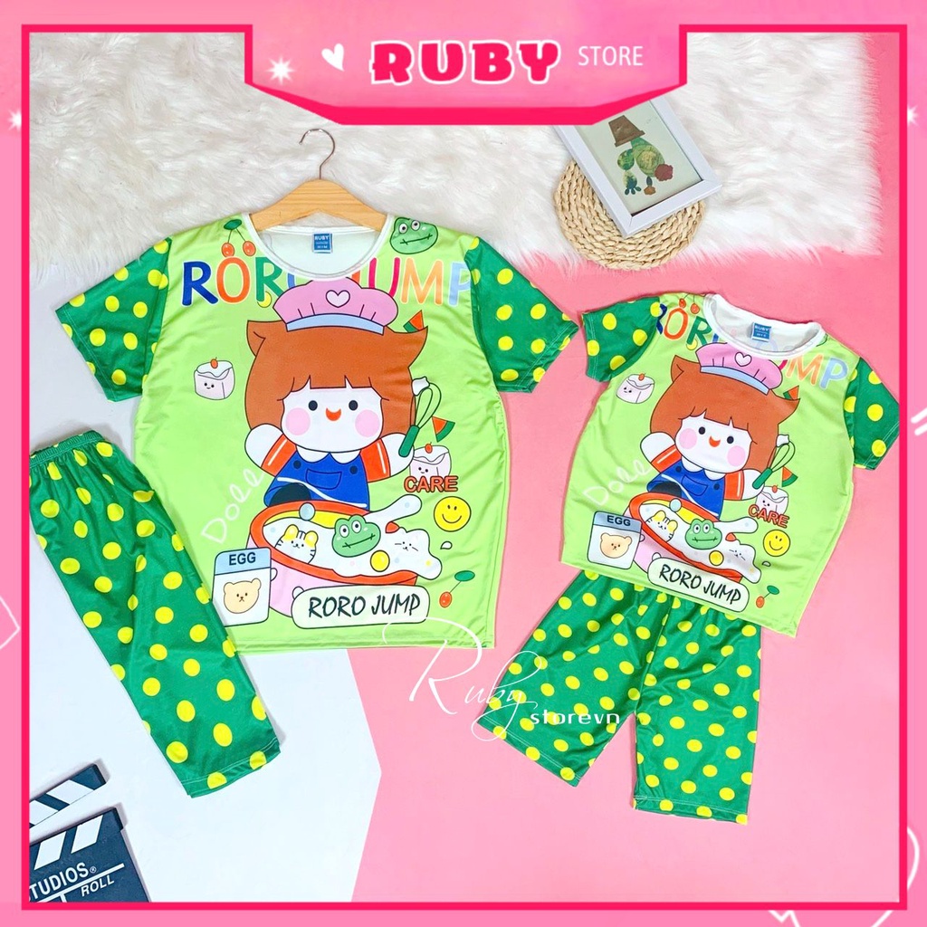 Đồ bộ thun QUẦN LỬNG mẹ và bé size đến 70kg chất thun mềm mát in hình gấu hoạt hình chibi dễ thương DBRBL FULL SIZE
