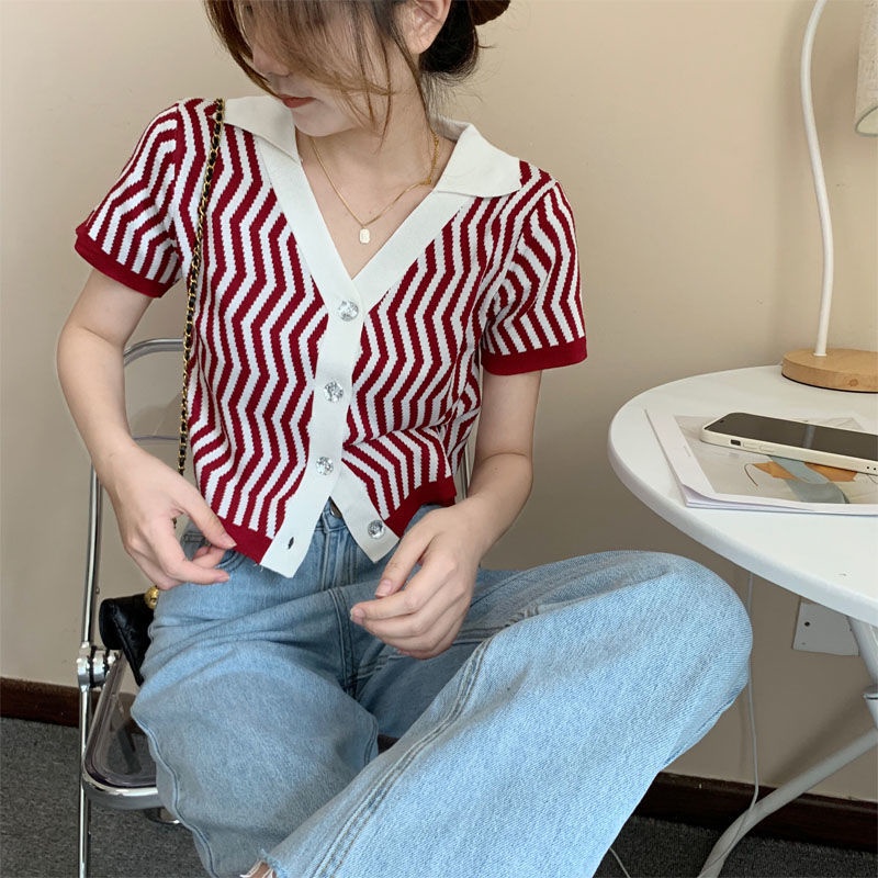 Áo cardigan Dệt Kim Mỏng Cổ POLO Ngắn Tay Họa Tiết Kẻ Sọc Cho Nữ JL-TX-514