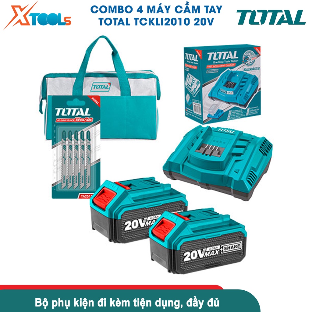 Bộ 4 máy cầm tay dùng pin 20V TOTAL TCKLI2010 gồm máy khoan, máy bắn vít, máy cưa lọng, máy cưa đĩa