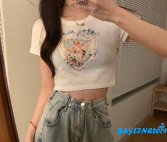 [ Mã 151FASHIONSALE1 giảm 10K đơn 50K ] Áo Croptop Tay Ngắn In Hình Thiên Thần Xinh Xắn Cho Nữ