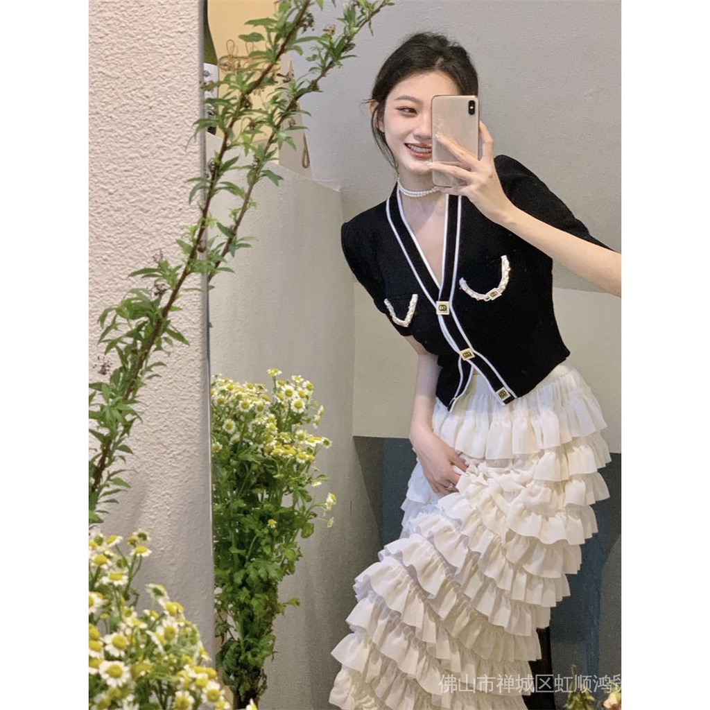 Chanel style ice silk knitted cardigan women's clothing summer design sense niche socialite temperament close-fitting slimming short sleeve top