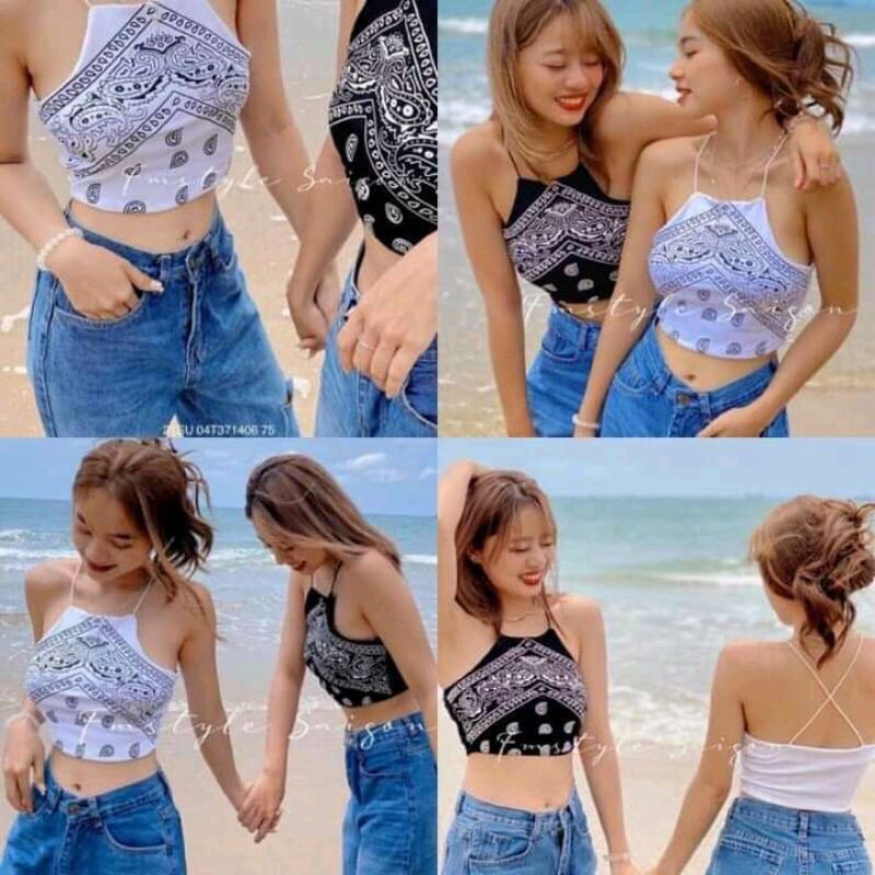 ⚡ Yếm thổ cẩm 2 dây bún đan chéo lưng⚡ Croptop nữ chất Thun bozip có giãn 4 chiều tôn dáng đi chơi đi biển đều đẹp