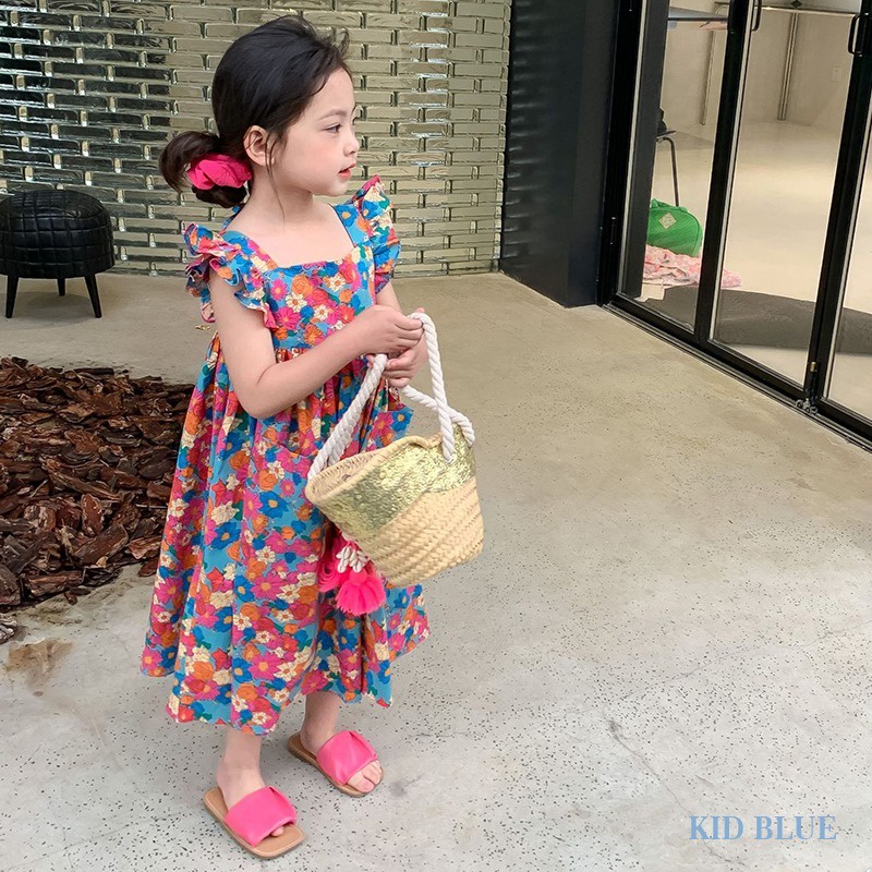 Đầm Dài Cổ Vuông Tay Cánh Tiên In Họa Tiết Hoa Thời Trang Hàn Quốc Cho Bé Gái