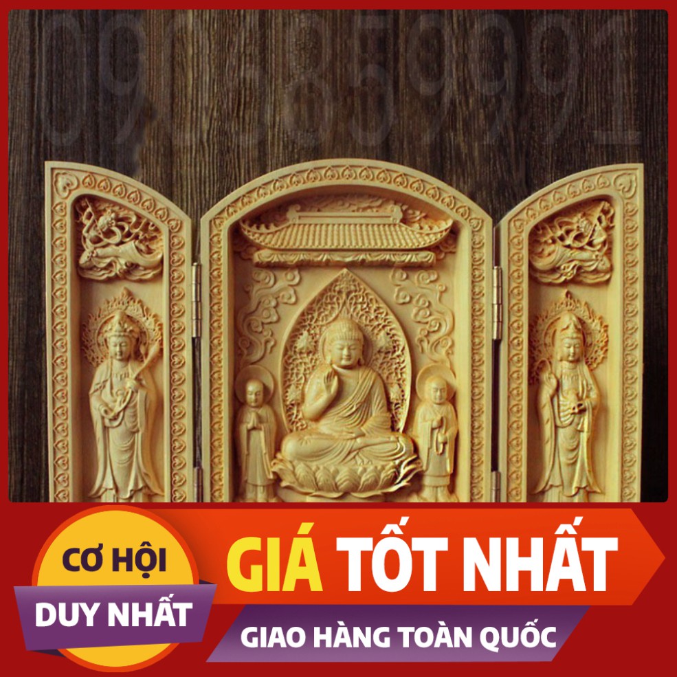 ) Hộp tượng gỗ Tây Phương Tam Thánh làm bằng gỗ hoàng dương cao cấp
