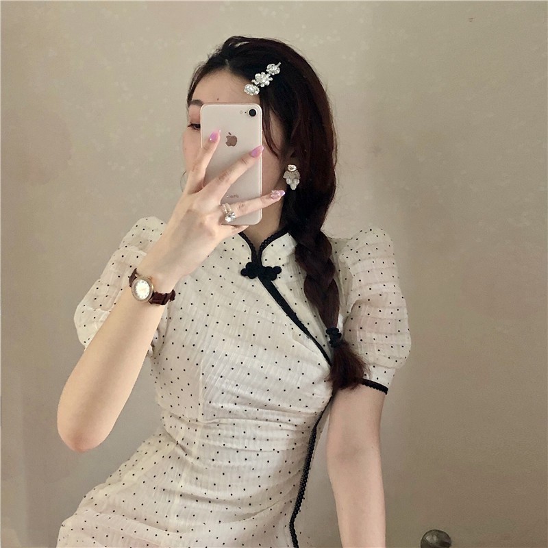 Đầm nữ dáng ôm chấm bi tay ngắn cổ tàu Emilyshop