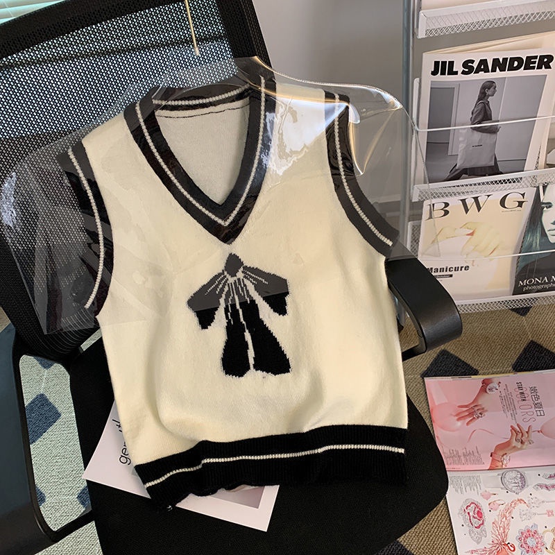 Áo sweater Dệt Kim Không Tay Phối Nơ Phong Cách Hàn Quốc Thời Trang Mùa Thu Mới Cho Nữ