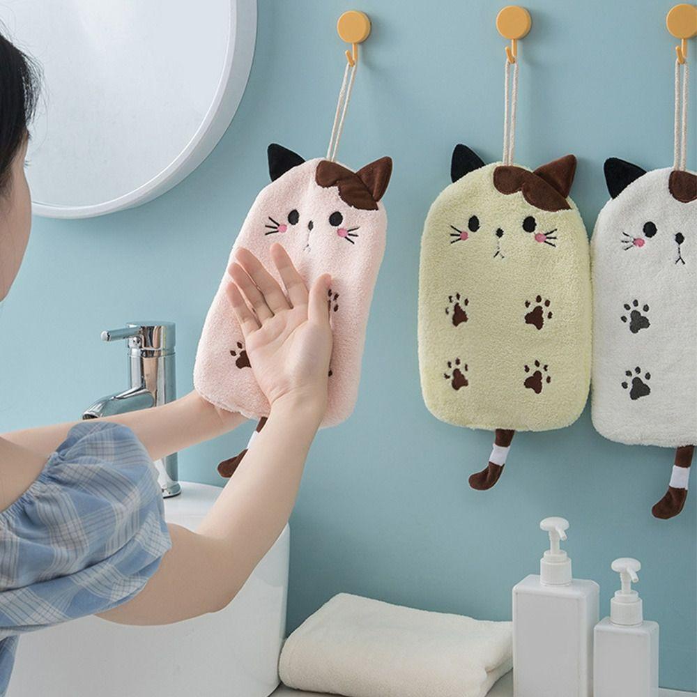 Khăn Tắm Bằng Lông Cừu San Hô Thấm Hút Thêu Hình Mèo Dễ Thương