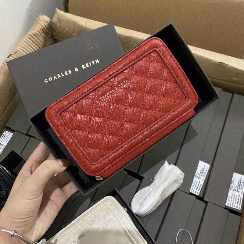 Ví Dài CNK Trám Hộp Hai Khoá Kéo Quilted Long Wallet Hàng Fullbox Có Dây Đeo