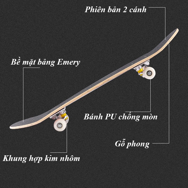 Ván trượt skateboard thể thao chất liệu gỗ phong ép cao cấp 7 lớp  tải trọng 200kg mặt nhám đá kim cương A7