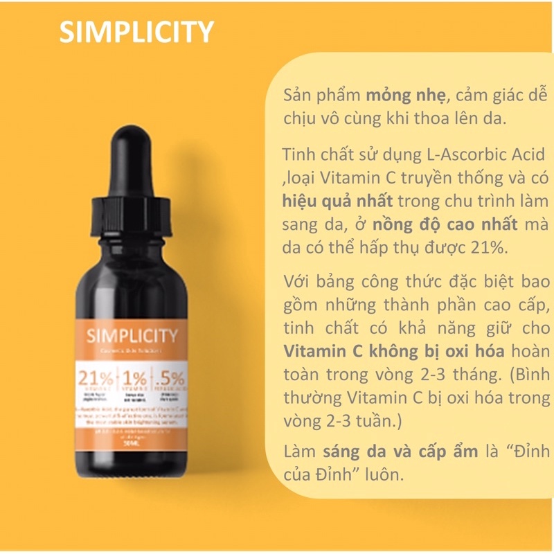 Tinh chất trắng da mờ thâm 20% Vitamin C 0.5% Ferulic acid 1% Vitamin E Simplicity