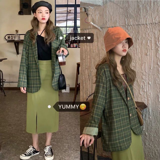 (Hàng Đẹp)Ảnh thật 4 hình cuối-Áo blazer kẻ xanh bơ Ulzzang
