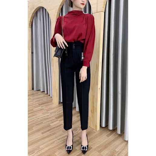 Quần baggy vải cạp cao hack dáng - dài chân