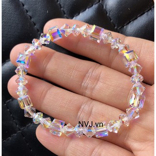 Vòng tay pha lê Swarovski hạt 6ly vuông 5601, bánh cam 5040, nón 5328 001AB, khóa tròn bạc 925