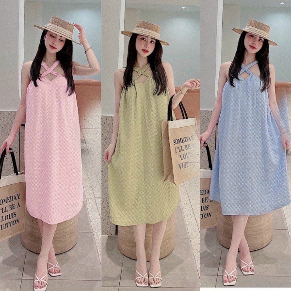 Đầm Maxi Đi Biển Cổ Yếm Dây Chéo Hở Vai Chất Đũi Xốp Mặc Đẹp Thả Dáng Siêu Xinh [NEW UNISEX]