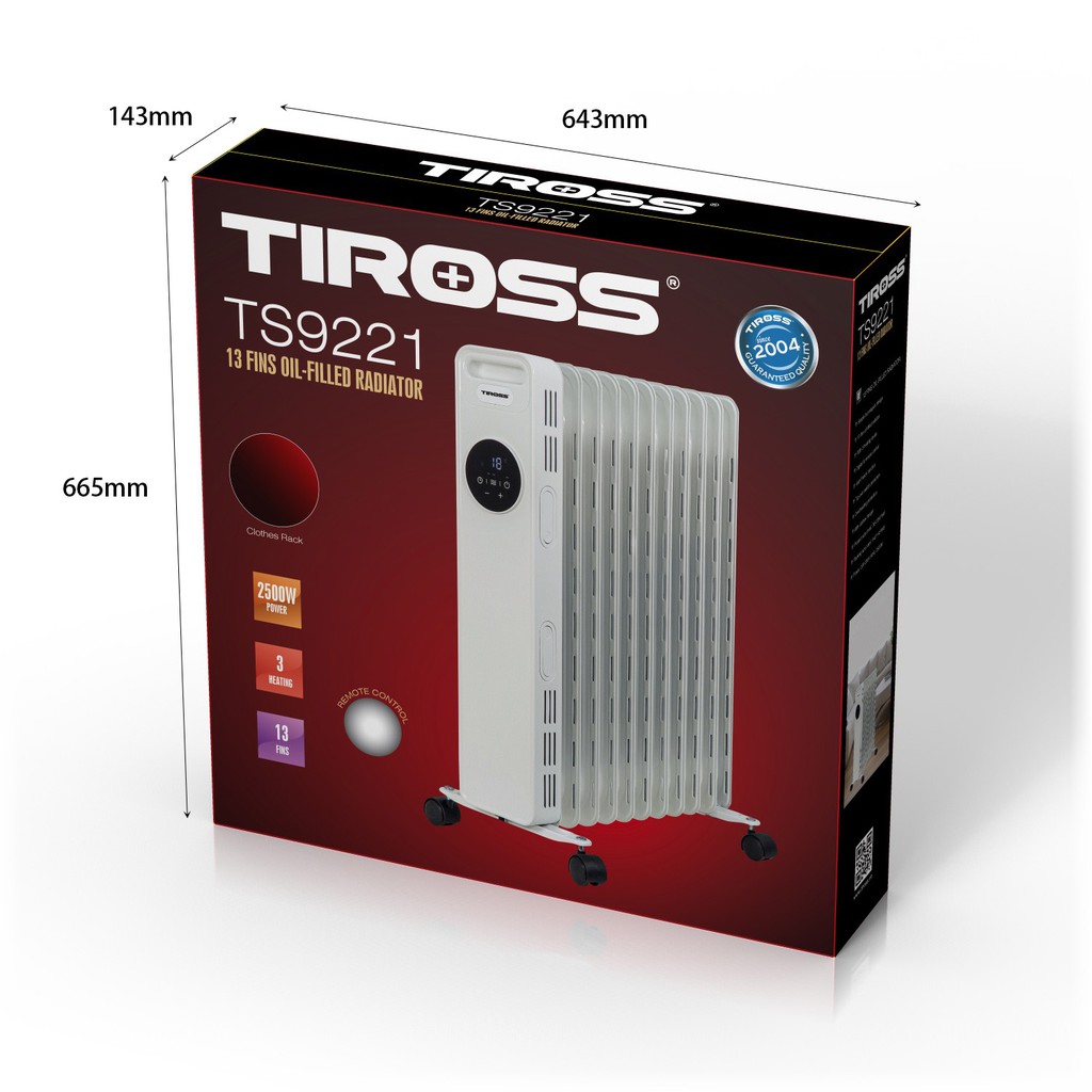 Máy sưởi dầu 13 thanh Tiross TS9221 công suất 2500W có điều khiển từ xa - Hàng chính hãng - Bảo hành 12 tháng