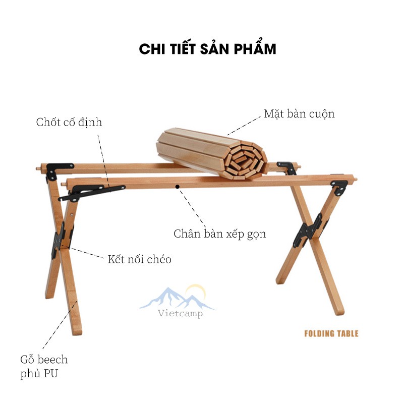 Bàn dã ngoại mặt cuộn gọn gỗ dẻ gai cao cấp T90 - Thiết kế cuộn thông minh - kèm túi đựng tiện lợi