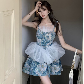 (Order loại 1) Váy hoa xanh sơn dầu phối lưới tầng dáng ngắn công chúa cổ tích cô gái Pháp