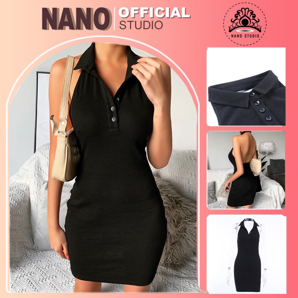 Váy body polo🌼NANO Studio🌼 Đầm sát nách quyến rũ cúc cổ V cá tính sang chảnh hở lưng gọi cảm | BigBuy360 - bigbuy360.vn