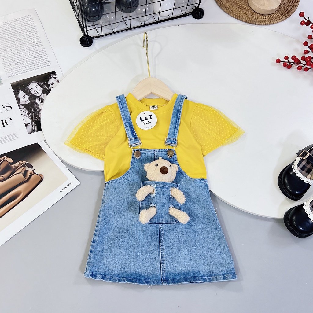 Yếm váy bò jean cho bé gái nơ xinh xắn từ 10kg đến 22kg - bộ đồ bé gái Áo cotton phối bèo kết hợp yếm jean giặt mềm.