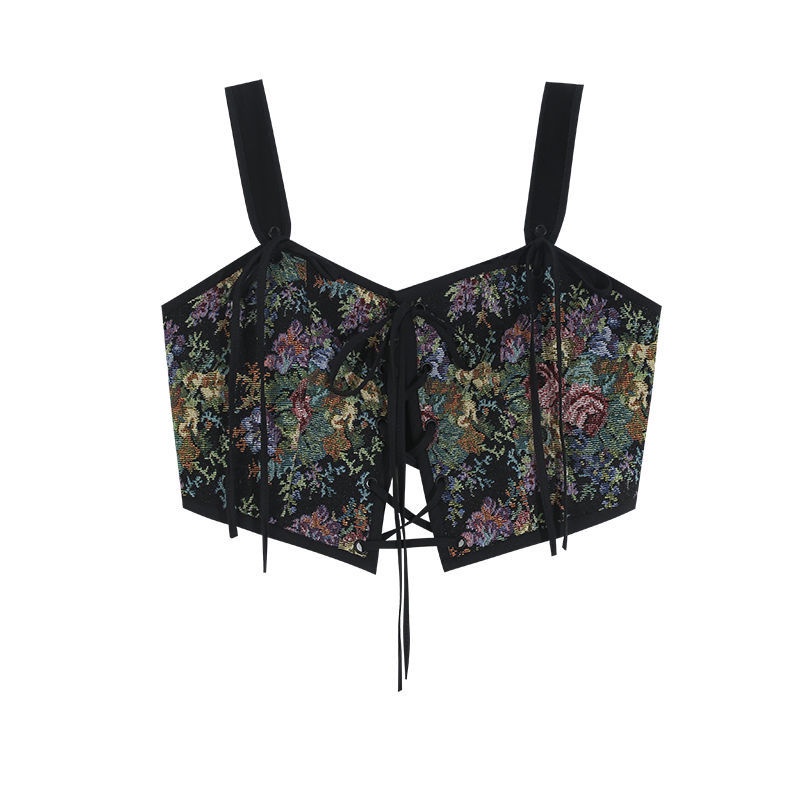 Áo hai dây họa tiết hoa màu đen phong cách retro Pháp