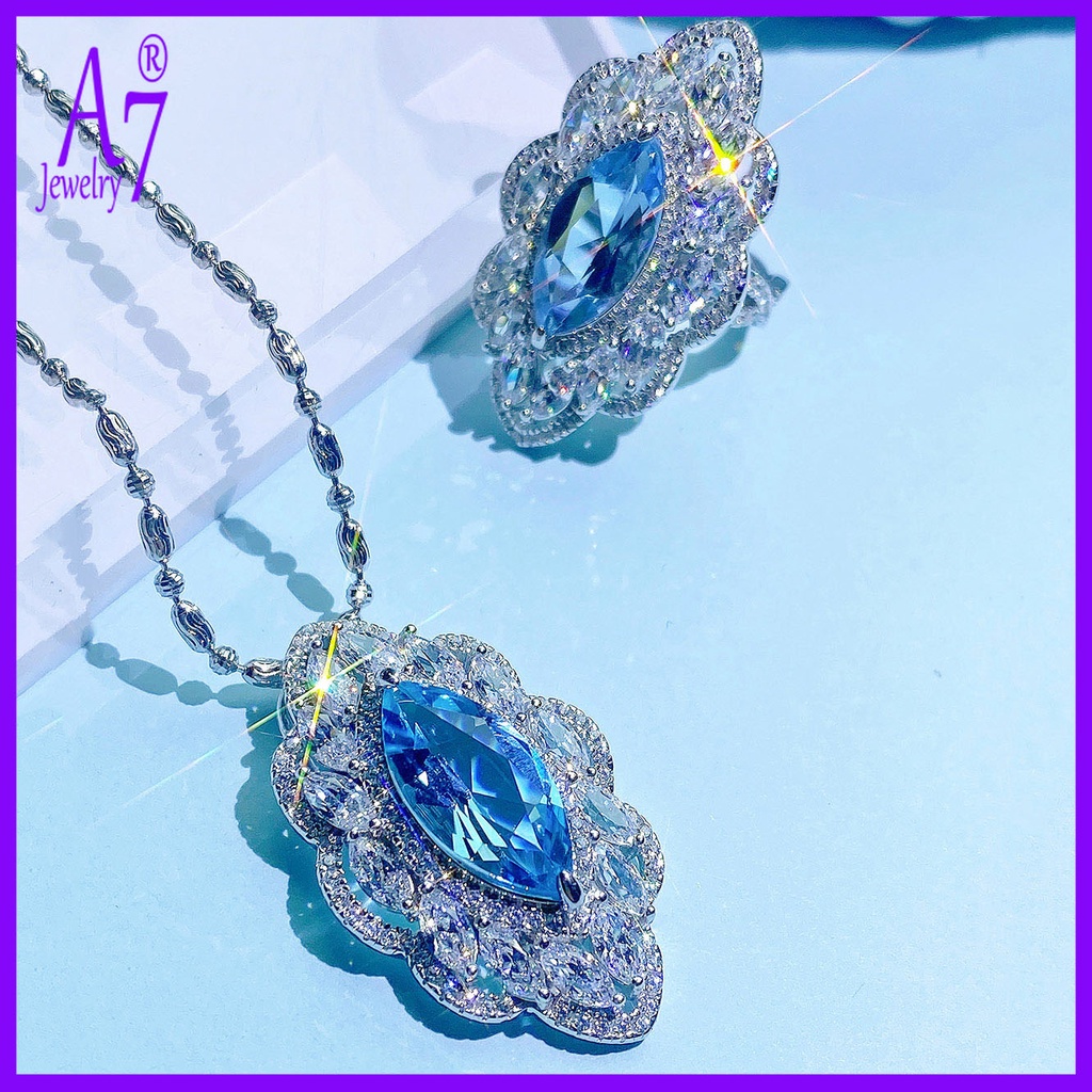 Dây chuyền Sapphire Topaz carbon kim cương cao màu xanh navy hình mắt ngựa cao cấp