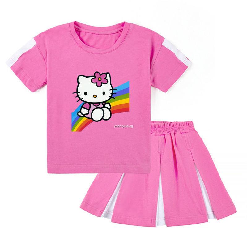Set Đồ Mùa Hè 2 Món Gồm Áo Thun Cotton In Họa Tiết Mèo Hello Kitty Hoạt Hình + Chân Váy Dệt Kim Cho Bé