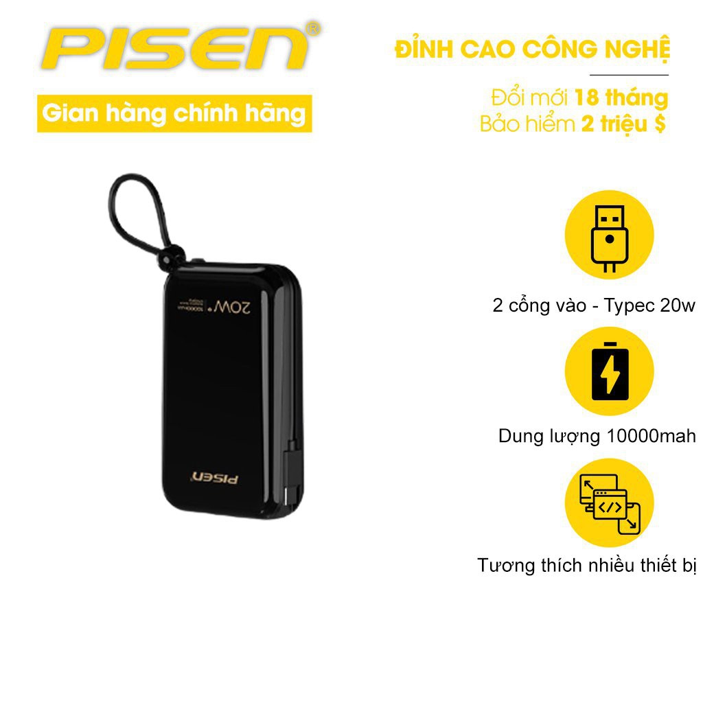 Sạc dự phòng PISEN Quick QP 20W 10000mAh - (LS-DY34 ) - Tích hợp cáp Lightning - Hàng chính hãng