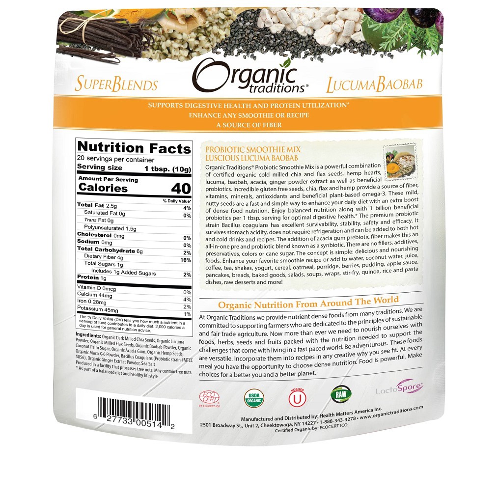 Bột lợi khuẩn hữu cơ Lekima Baobao Probiotic Smoothie Mix Organic Traditions 200g