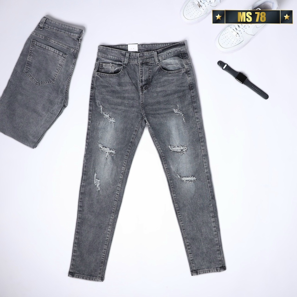 Quần rin nam ống suông, quần bò OBOKFASHION màu xám rách gối dễ phối đồ phong cách hàn quốc co giãn cao cấp QDN078