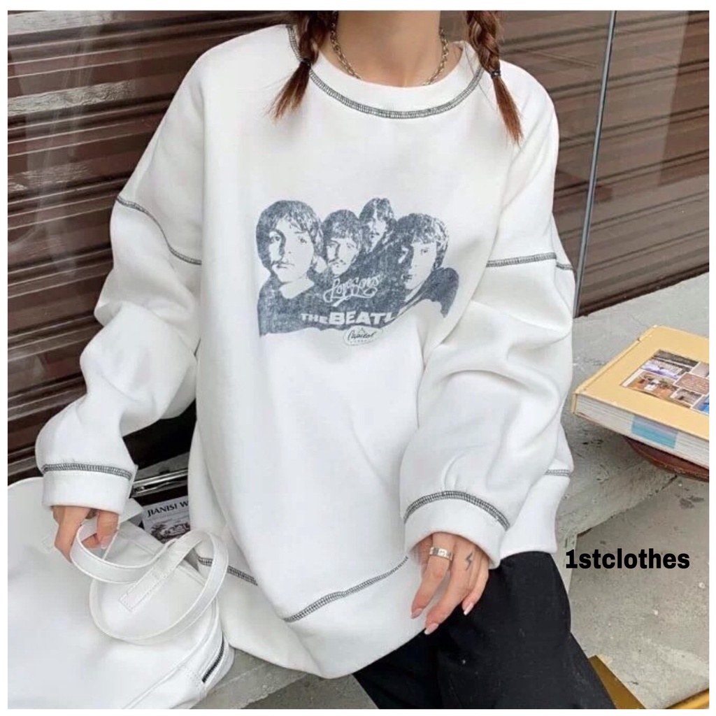 Áo hoodie form rộng không mũ tay dài họa tiết chỉ nổi in hình The Beatles dáng unisex 1st clothes