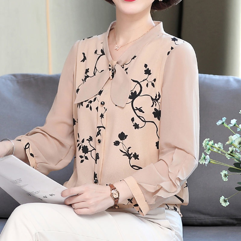 Áo sơ mi chiffon tay dài dáng rộng thời trang cho phụ nữ trung niên