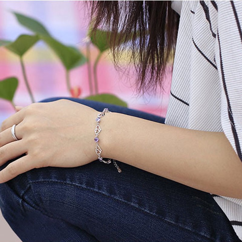Vòng Tay Mạ Bạc 925 Hình Trái Tim Màu Tím Thời Trang Cho Nữ