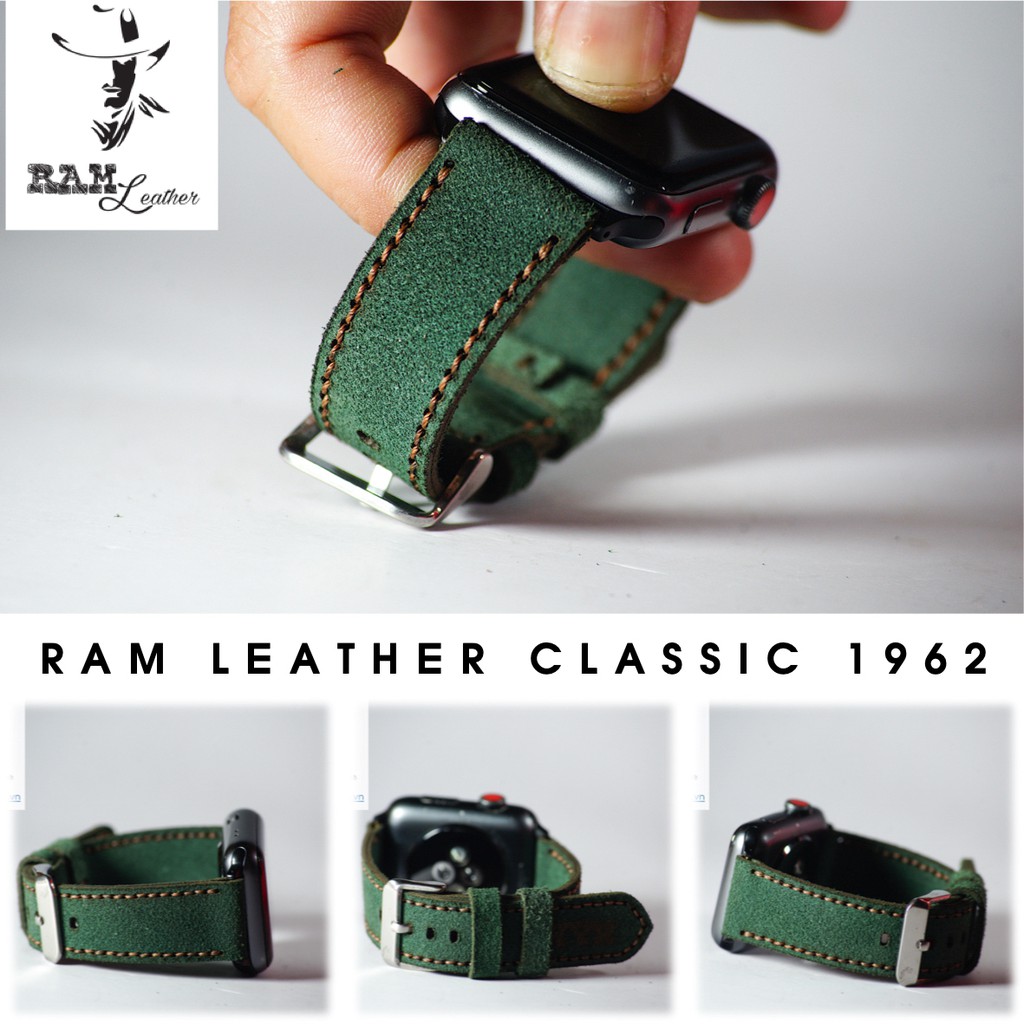 Dây đồng hồ da bò lộn màu xanh lục hamdmade RAM Leather 1962 - tặng khóa chốt và cây thay dây