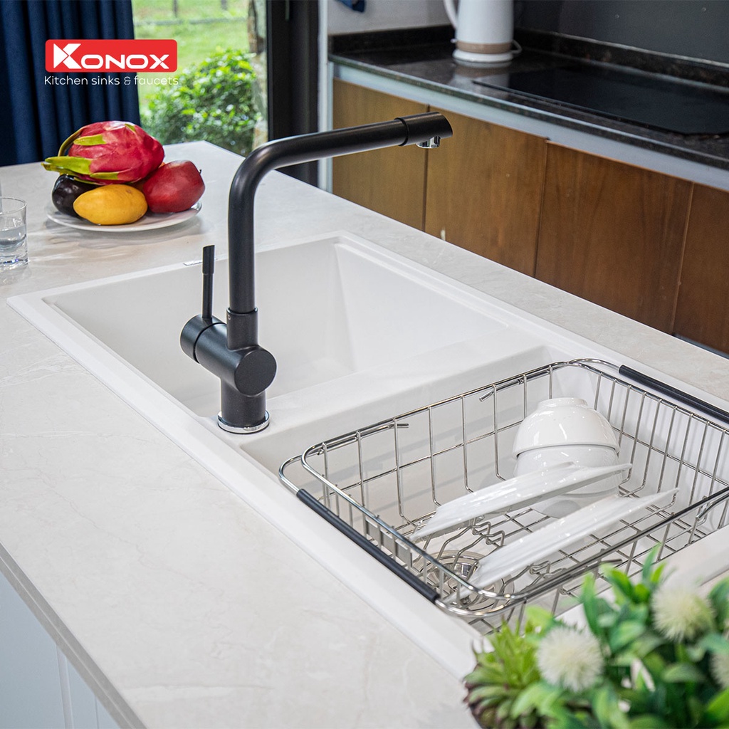 Chậu rửa bát đá KONOX Granite Series Phoenix 860 White Silver, Made in Italy, Full set gồm Siphon + Giá úp bát inox